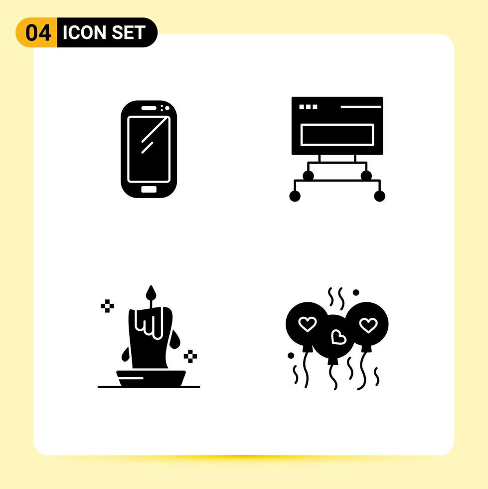 Modern Set of 4 Solid Glyphs Pictograph of phone burning light huawei connection candle wax Editable Vector Design Elements