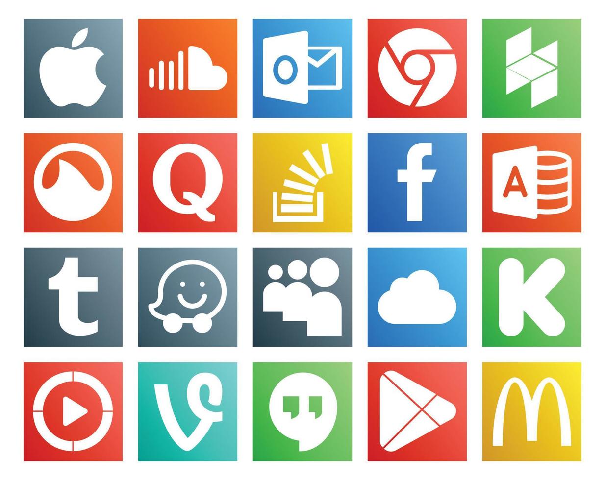 paquete de 20 íconos de redes sociales que incluye waze microsoft access quora facebook stock vector