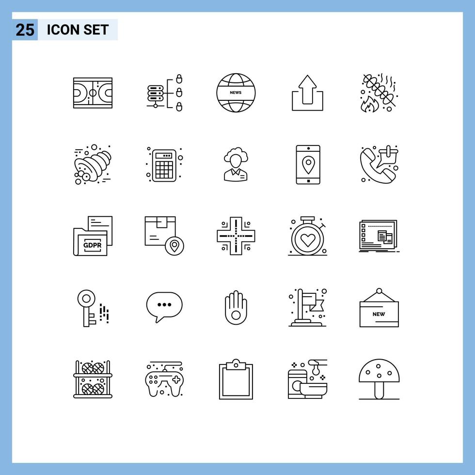 25 Universal Lines Set for Web and Mobile Applications grill barbeque global communication upload arrows Editable Vector Design Elements