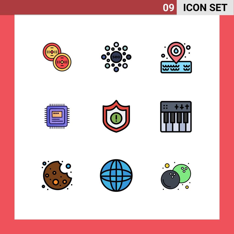 Pictogram Set of 9 Simple Filledline Flat Colors of celebration security water guard computer Editable Vector Design Elements