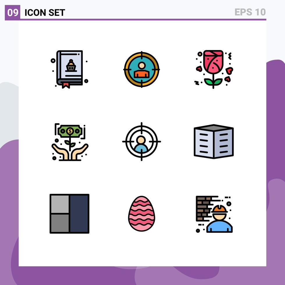 Group of 9 Filledline Flat Colors Signs and Symbols for apartments aim rose target investor Editable Vector Design Elements