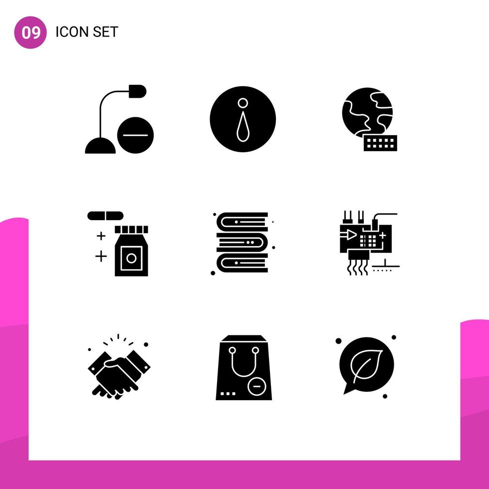 Editable Vector Line Pack of 9 Simple Solid Glyphs of assemble bookshelf world books rainy Editable Vector Design Elements