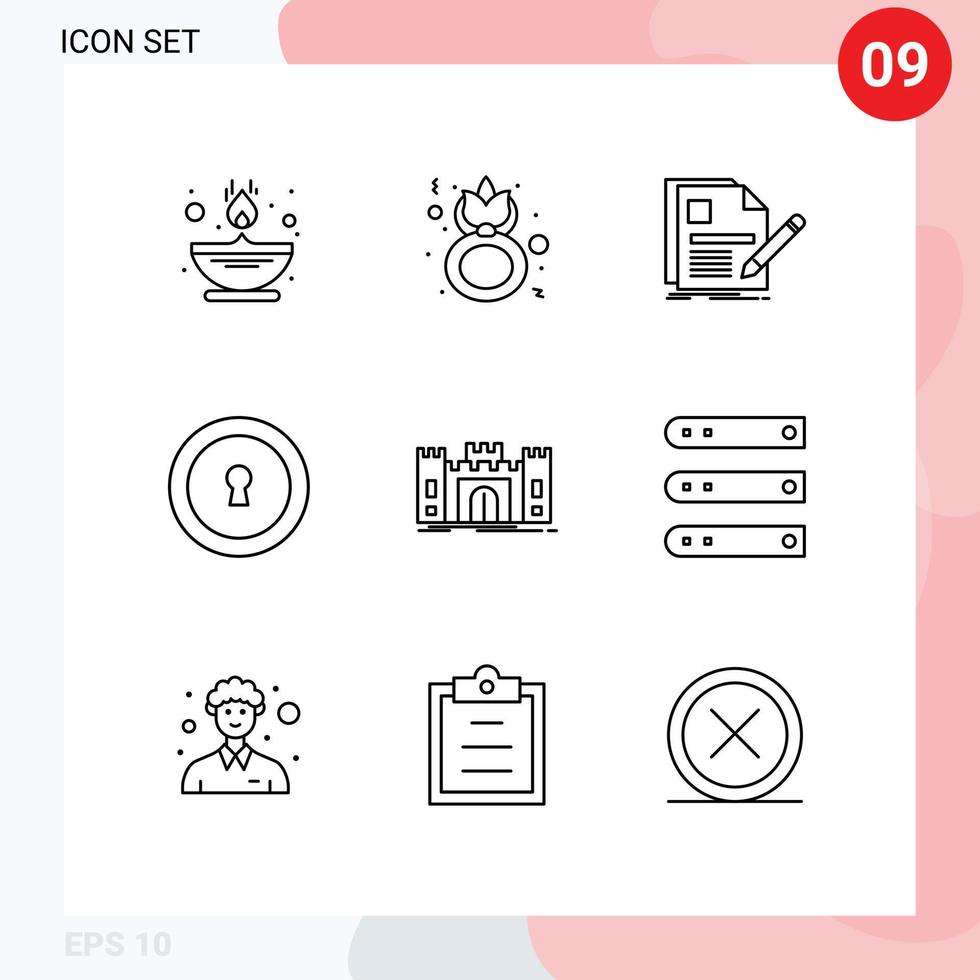 Modern Set of 9 Outlines and symbols such as castle private celebrate keyhole pen Editable Vector Design Elements