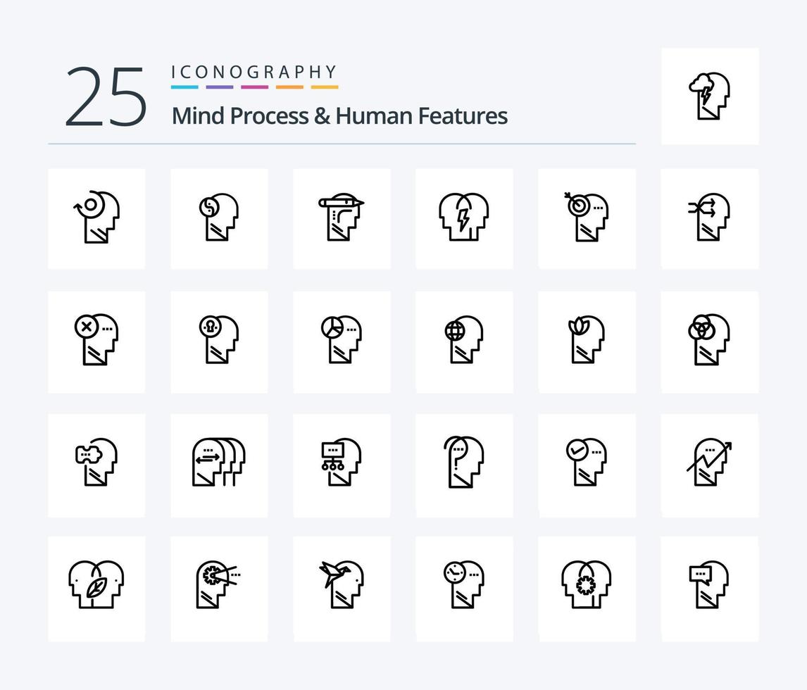 Mind Process And Human Features 25 Line icon pack including write. mind. brian. head. human vector