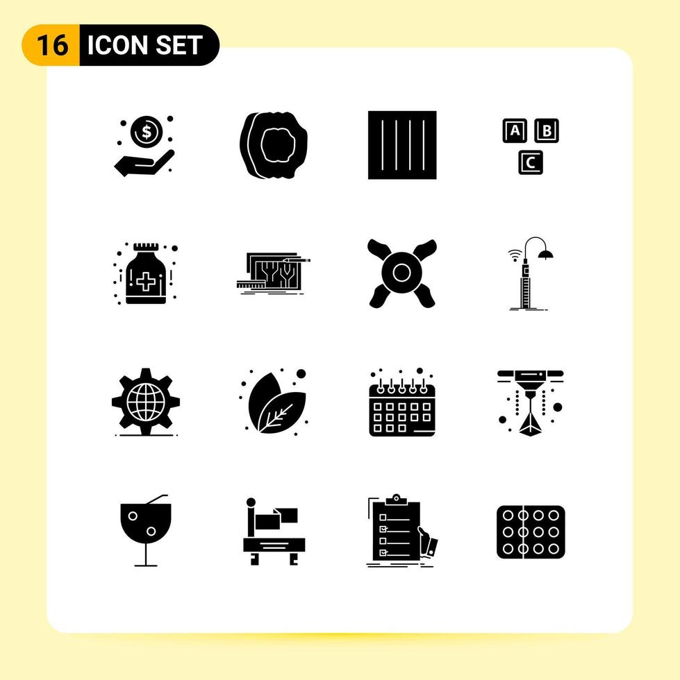 Solid Glyph Pack of 16 Universal Symbols of basic abc fruits laundry drip dry Editable Vector Design Elements