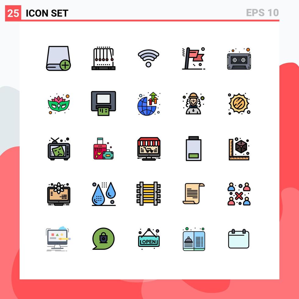 Pictogram Set of 25 Simple Filled line Flat Colors of audio cassette success swing flag achievement Editable Vector Design Elements