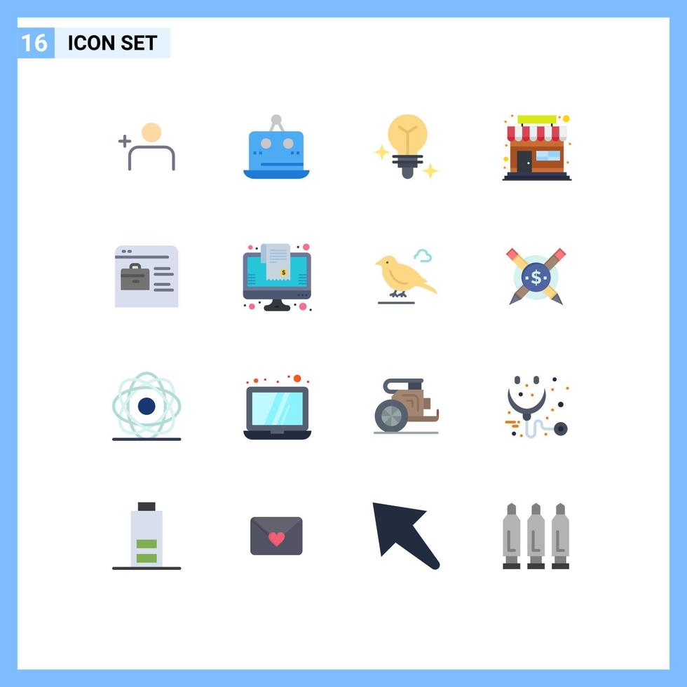 Pack of 16 creative Flat Colors of online portfolio find job bulb bag shop Editable Pack of Creative Vector Design Elements