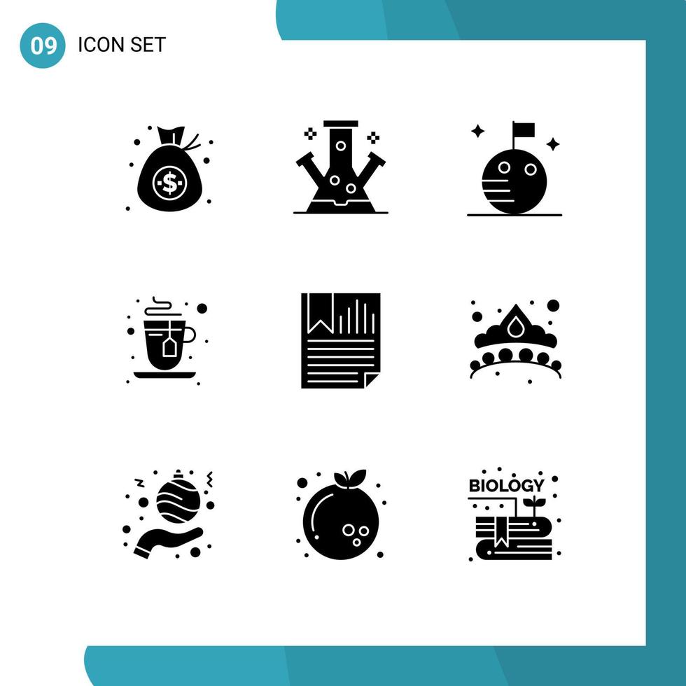 Modern Set of 9 Solid Glyphs Pictograph of page bookmark technology tea cup Editable Vector Design Elements