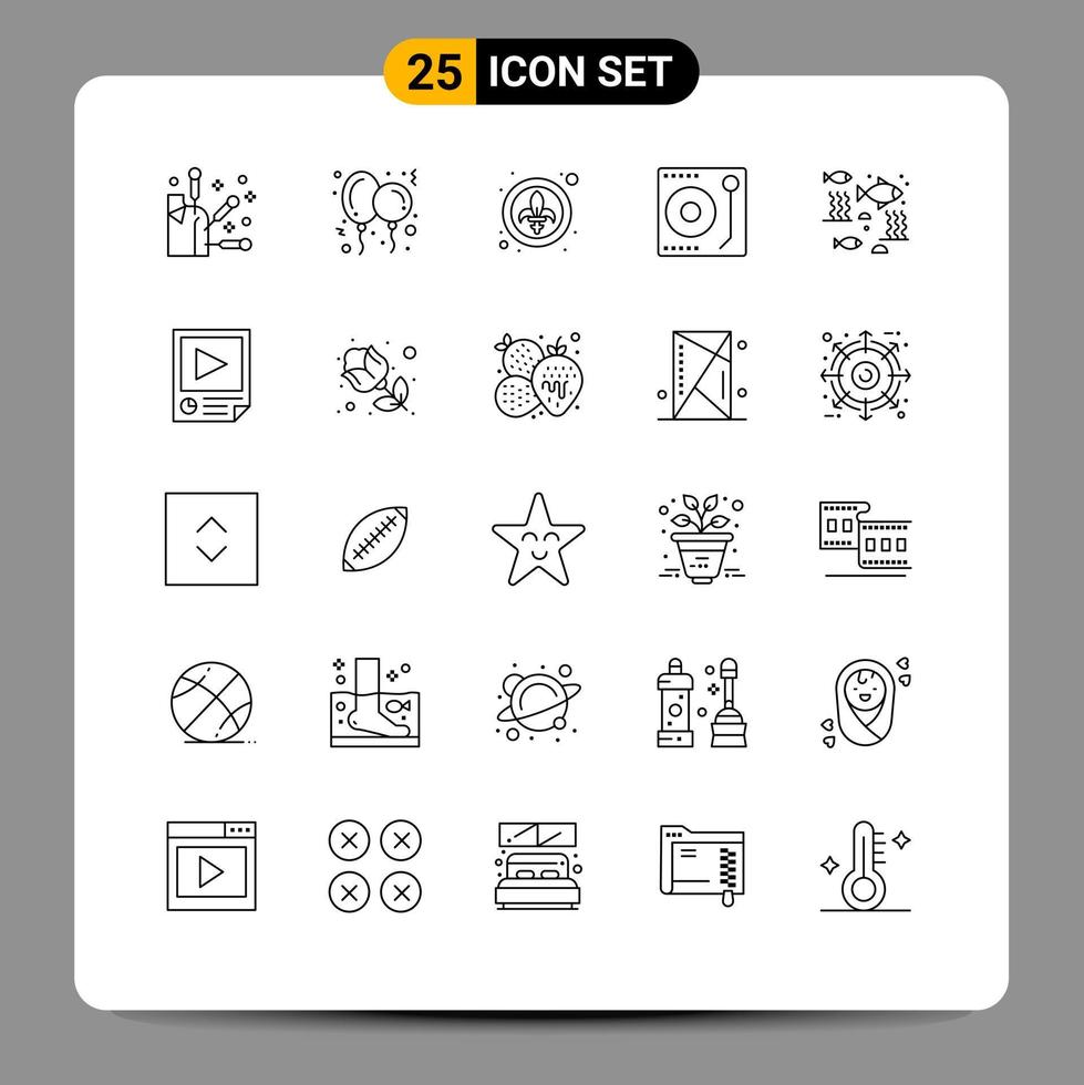 Stock Vector Icon Pack of 25 Line Signs and Symbols for river fish festival player media Editable Vector Design Elements