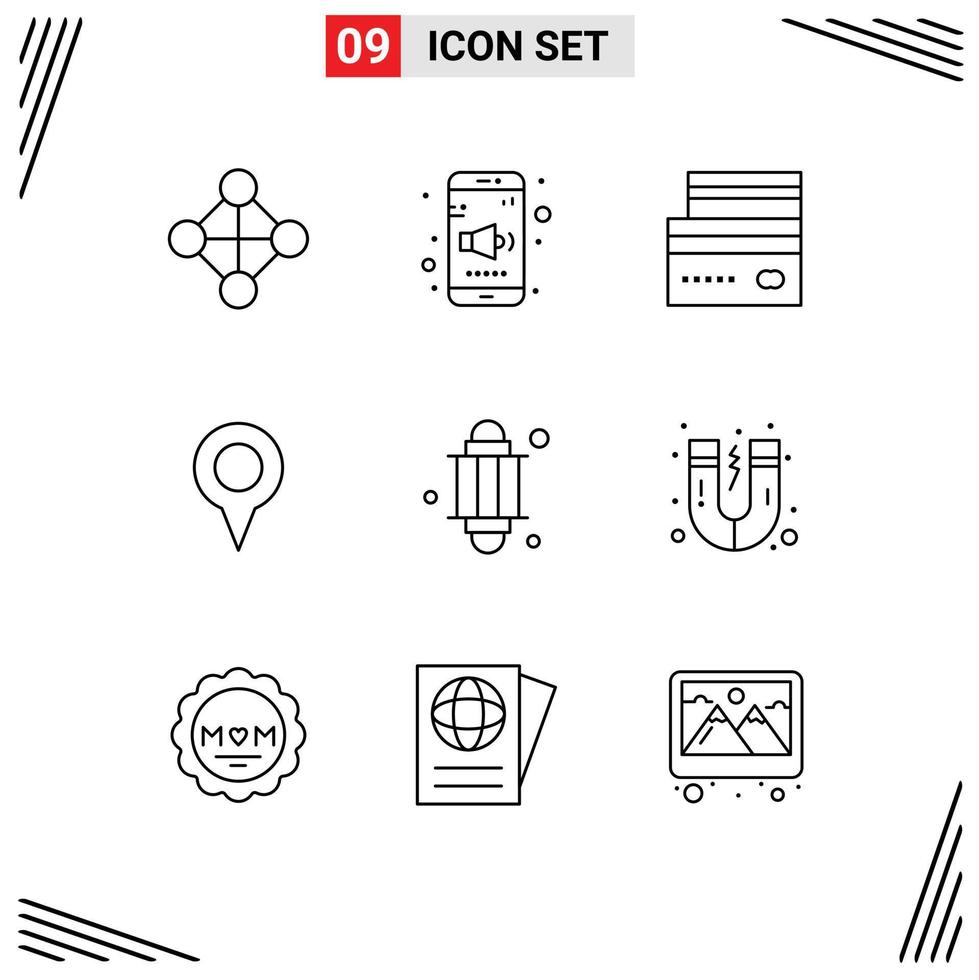 Modern Set of 9 Outlines Pictograph of lantern pin credit map geo location Editable Vector Design Elements