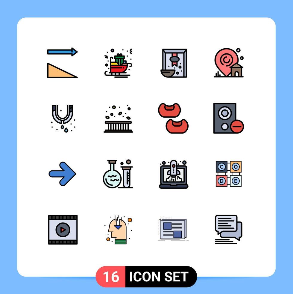 Paquete de 16 líneas llenas de color plano de la interfaz de usuario de signos y símbolos modernos de la ubicación de la sucursal de bienes raíces mecánicos elementos de diseño de vectores creativos editables