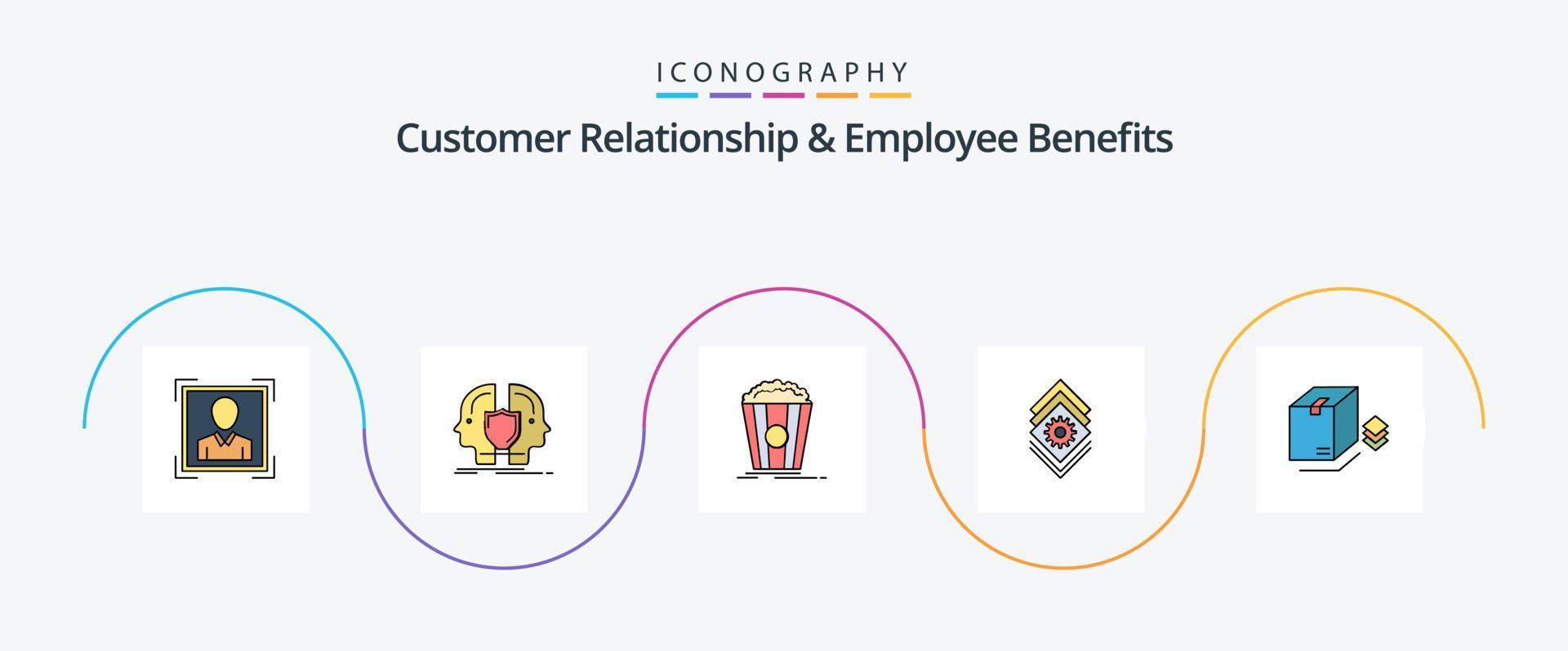 Customer Relationship And Employee Benefits Line Filled Flat 5 Icon Pack Including box. bundle. sheild. setting. snack vector