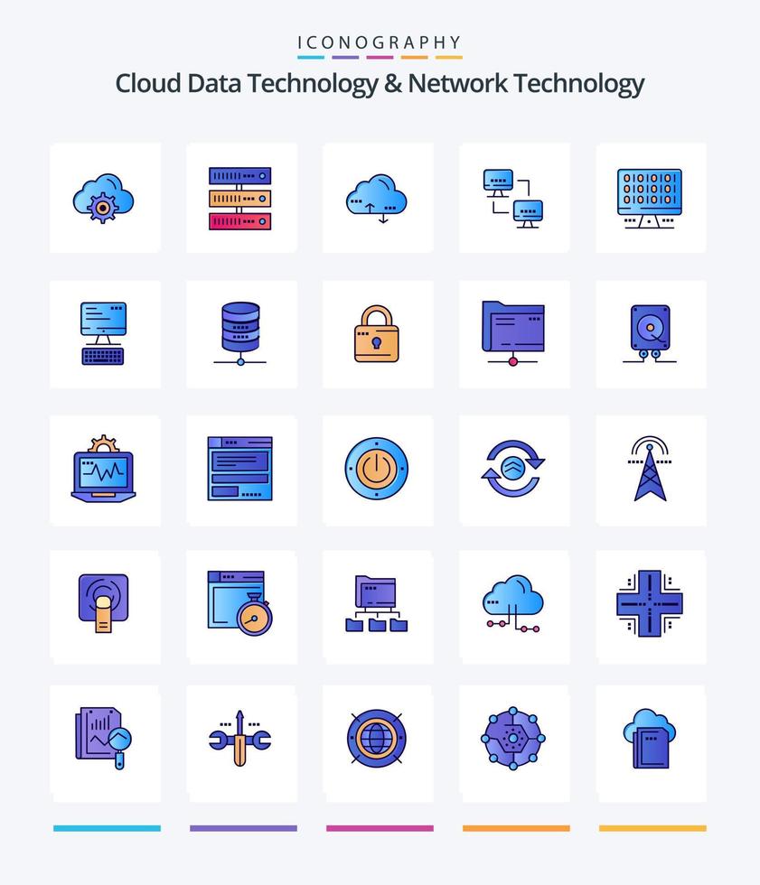 Creative Cloud Data Technology And Network Technology 25 Line FIlled icon pack  Such As computer. computers. cloud. computing. computer vector