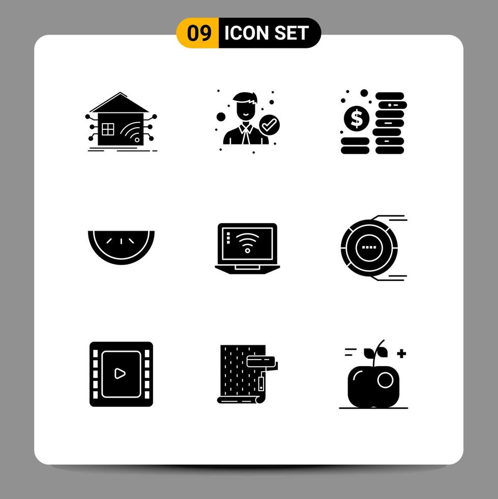 Universal Icon Symbols Group of 9 Modern Solid Glyphs of laptop fruit office food investment Editable Vector Design Elements