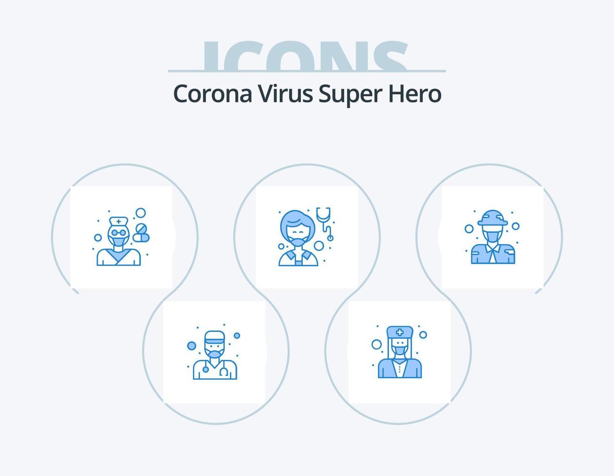 corona virus superhéroe azul icono paquete 5 diseño de iconos. mujer. medicamento. masculino. médico. farmacia vector