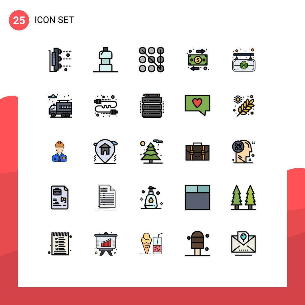 paquete de 25 modernos signos y símbolos de colores planos de línea rellena para medios de impresión web, como elementos de diseño de vectores editables de flujo de tablero de patrones de santos de la ciudad