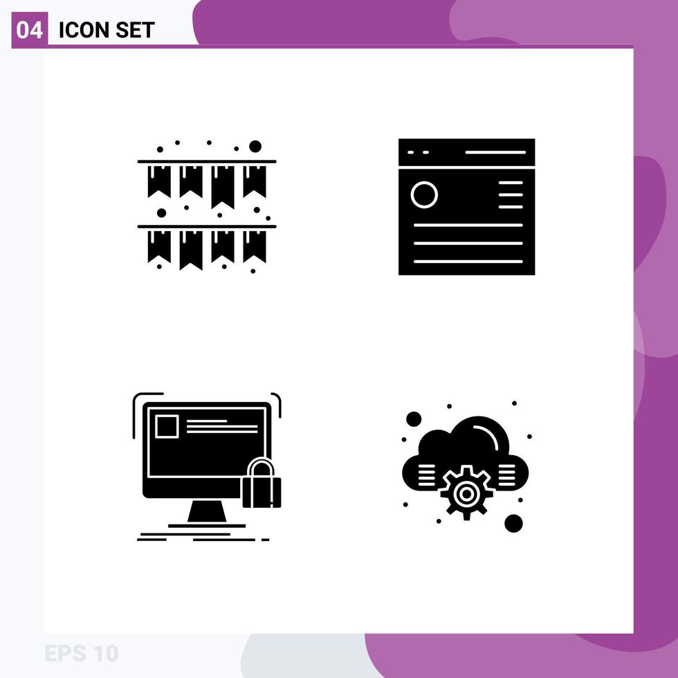 Group of 4 Solid Glyphs Signs and Symbols for celebration protection communication menu safety Editable Vector Design Elements