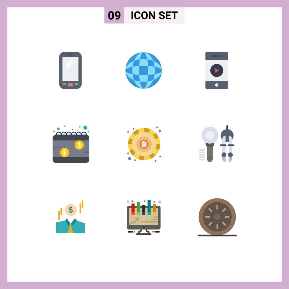 9 User Interface Flat Color Pack of modern Signs and Symbols of blockchain schedule audio payday calendar Editable Vector Design Elements