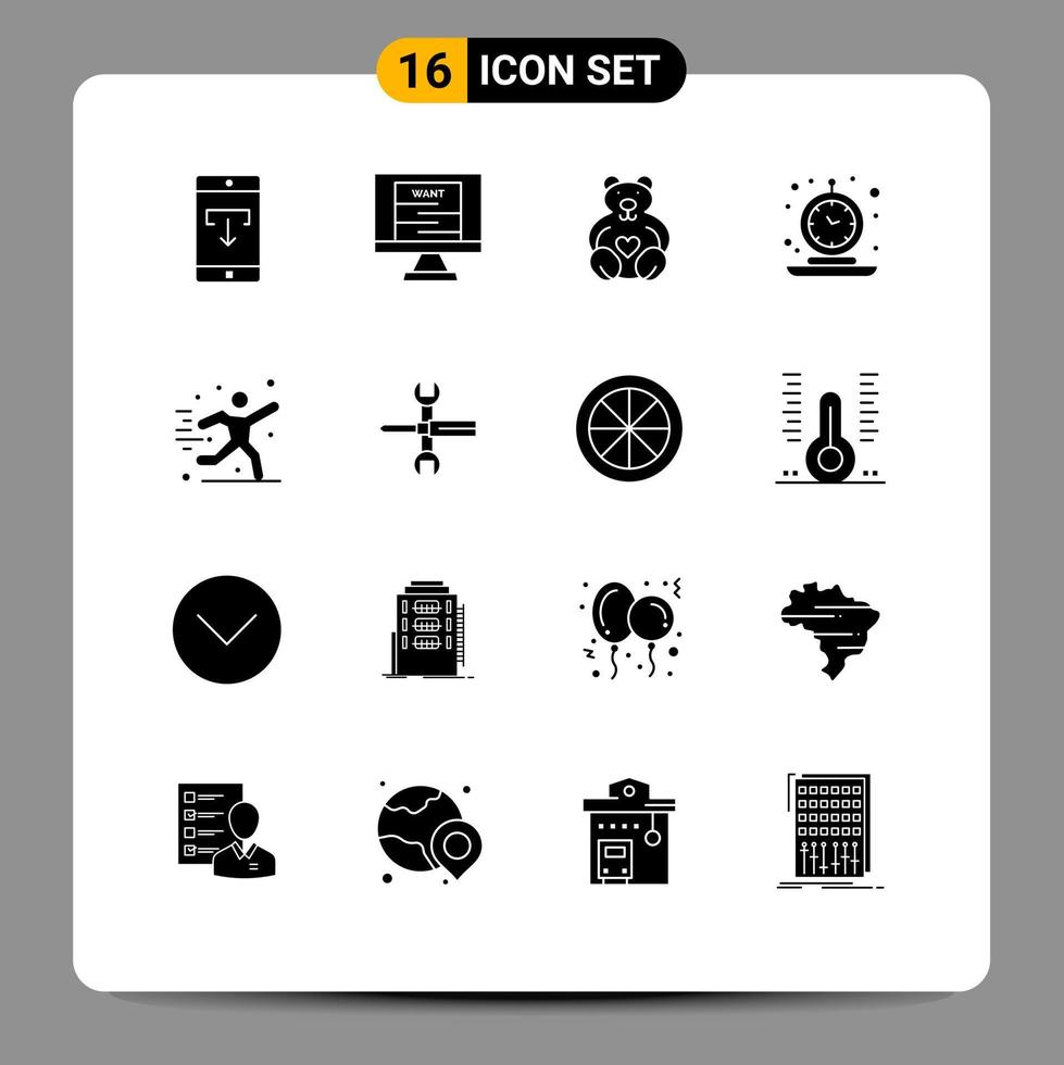 Group of 16 Solid Glyphs Signs and Symbols for time old wanted clock wedding Editable Vector Design Elements