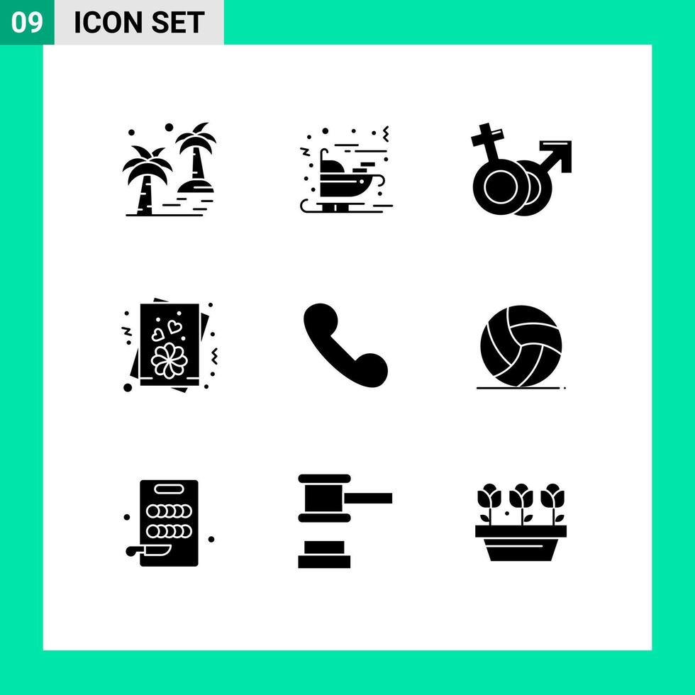 Set of 9 Vector Solid Glyphs on Grid for call love santa card male Editable Vector Design Elements