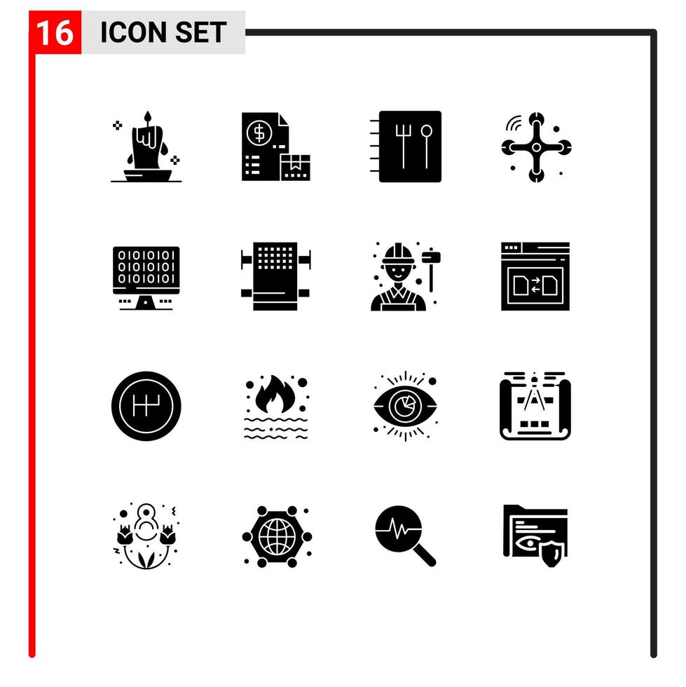 Group of 16 Solid Glyphs Signs and Symbols for computer internet of things money drone communications Editable Vector Design Elements