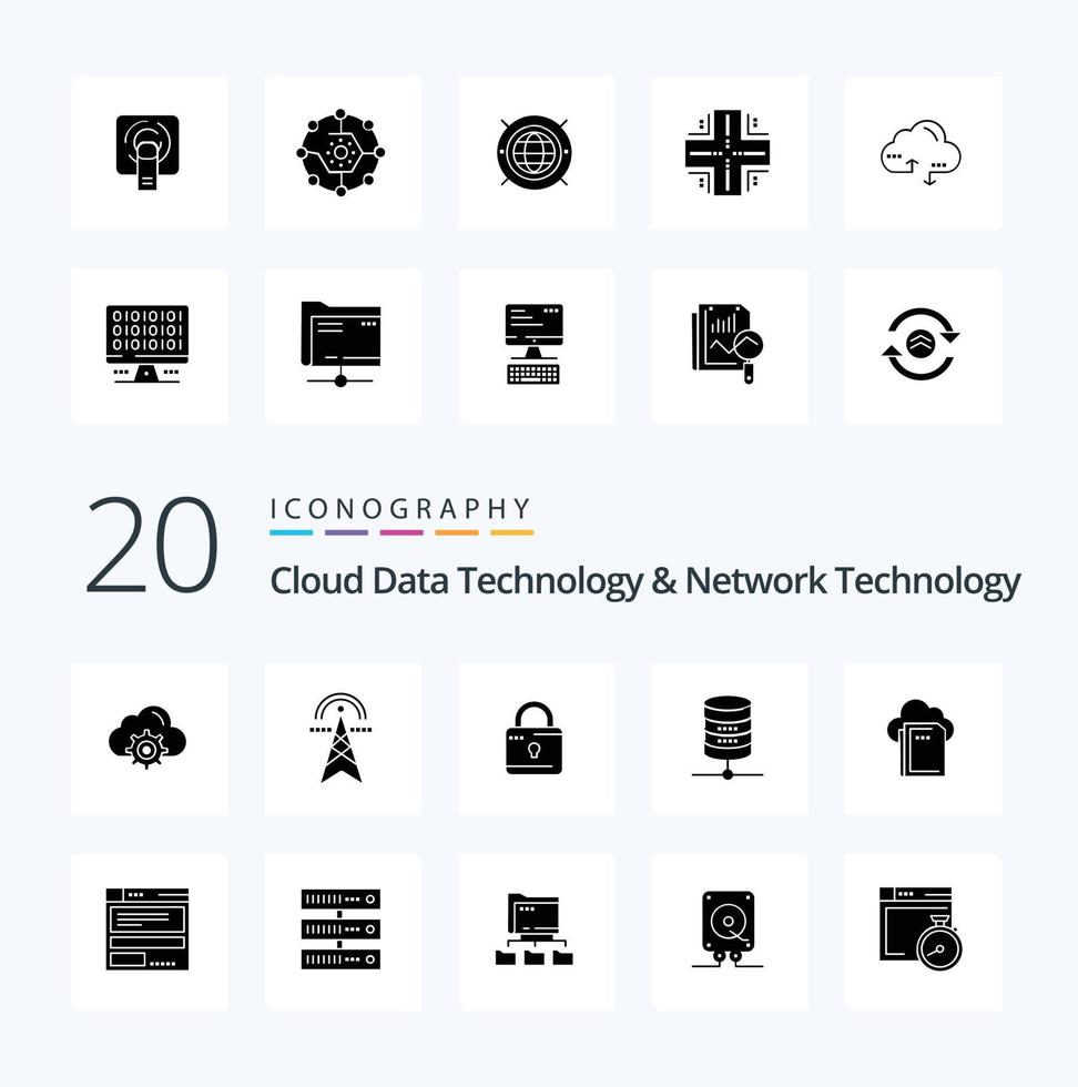 20 Cloud Data Technology And Network Technology Solid Glyph icon Pack like cloud money  computing server  security vector