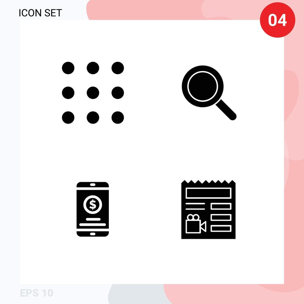4 Universal Solid Glyphs Set for Web and Mobile Applications call mobile payment glass search document Editable Vector Design Elements