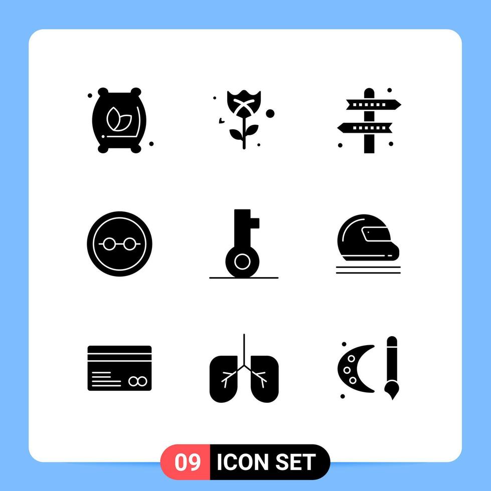 Set of 9 Commercial Solid Glyphs pack for key glasses athletics geek eye glasses Editable Vector Design Elements