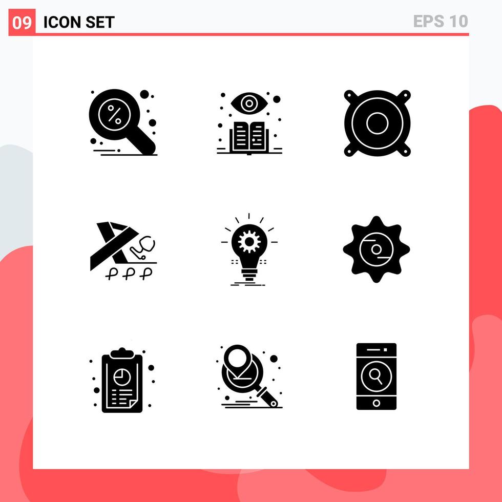 Pack of 9 Modern Solid Glyphs Signs and Symbols for Web Print Media such as innovation develop music bulb ribbon Editable Vector Design Elements