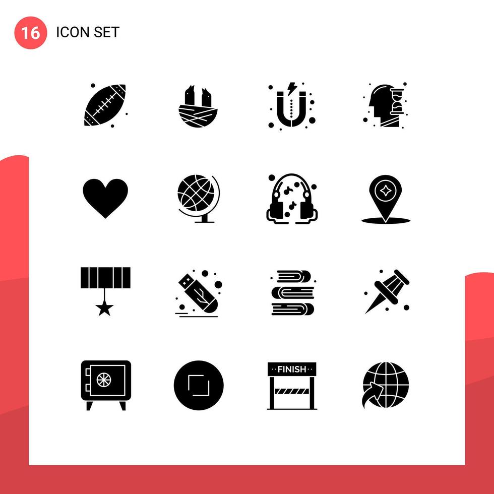 Pack of 16 Modern Solid Glyphs Signs and Symbols for Web Print Media such as sign love lead hour glass mind Editable Vector Design Elements