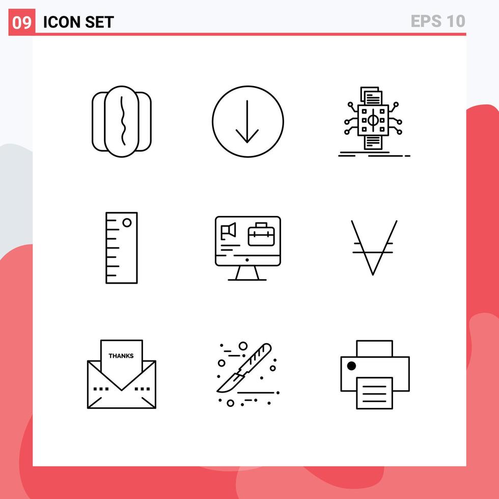 Pictogram Set of 9 Simple Outlines of job bag datum computer measure Editable Vector Design Elements