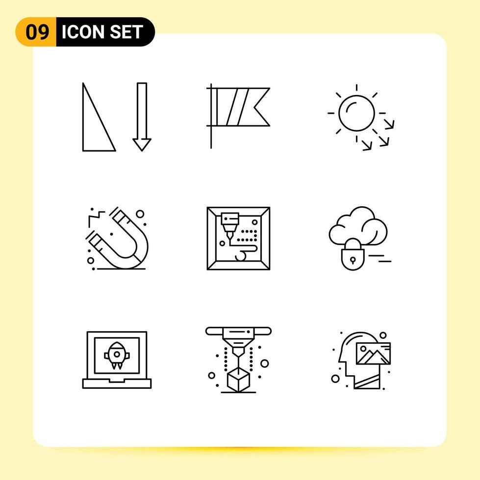 Pack of 9 creative Outlines of lock printing dry skin machine magnet Editable Vector Design Elements