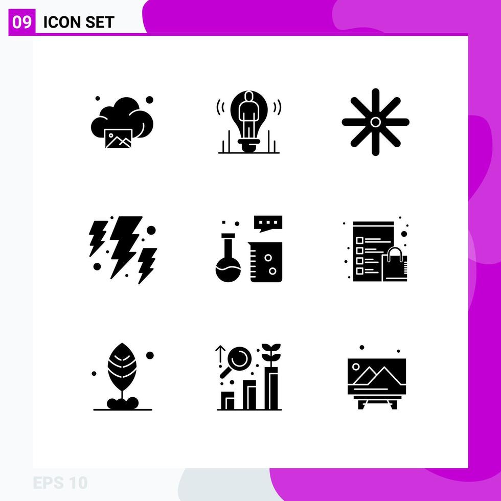Group of 9 Solid Glyphs Signs and Symbols for chemistry lab weather light power bolt Editable Vector Design Elements