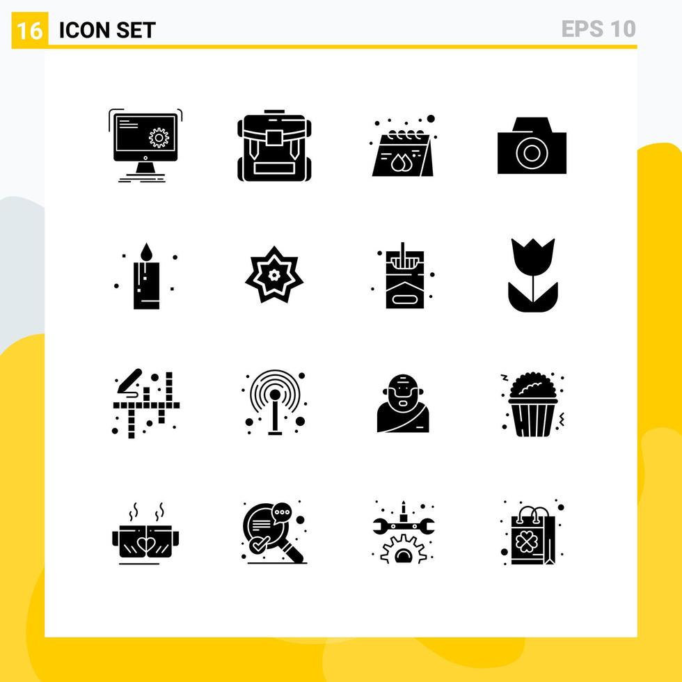 16 Universal Solid Glyphs Set for Web and Mobile Applications candle photo hiking product paper Editable Vector Design Elements