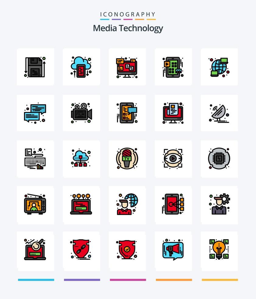Creative Media Technology 25 Line FIlled icon pack  Such As computer. play. chat. ui. grid vector