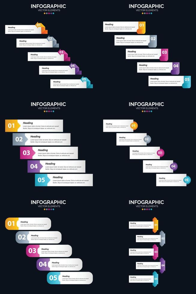 plantilla de diapositiva de presentación del paquete de infografías vectoriales 6 diagramas de ciclo de 5 pasos y líneas de tiempo vector