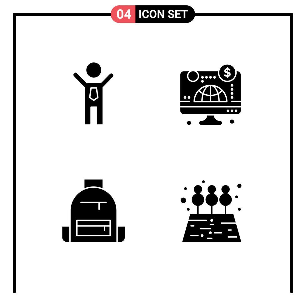 Pack of 4 creative Solid Glyphs of achievement bag winner business hike Editable Vector Design Elements