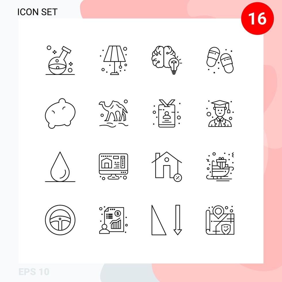 Mobile Interface Outline Set of 16 Pictograms of slippers flip flops lighting home beach mind Editable Vector Design Elements