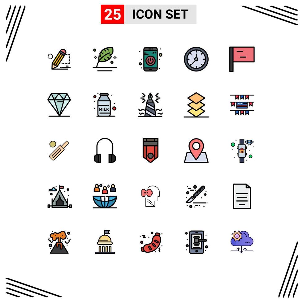 Pack of 25 Modern Filled line Flat Colors Signs and Symbols for Web Print Media such as watch time quill clock turn off Editable Vector Design Elements