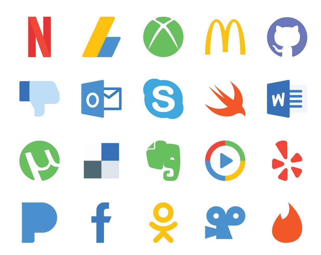 20 Social Media Icon Pack Including yelp windows media player skype evernote utorrent vector