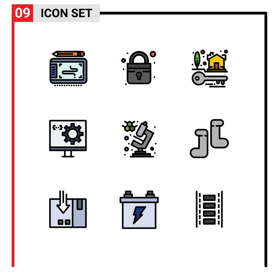 conjunto de 9 colores planos de línea de llenado vectorial en cuadrícula para desarrollo de claves de programación de microscopios elementos de diseño vectorial editables por computadora vector