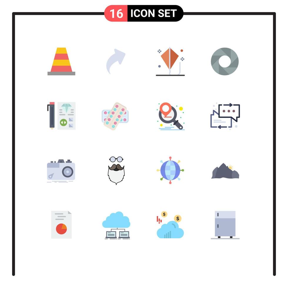 Pictogram Set of 16 Simple Flat Colors of planning develop kite coding lens Editable Pack of Creative Vector Design Elements