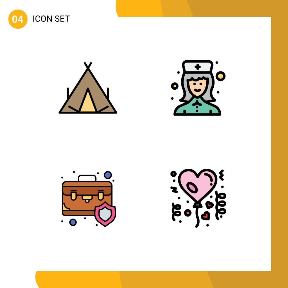 Mobile Interface Filledline Flat Color Set of 4 Pictograms of camp briefcase spring hospital nurse insurance Editable Vector Design Elements