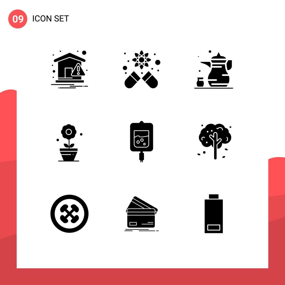 9 User Interface Solid Glyph Pack of modern Signs and Symbols of sugar test blood cup flower plant Editable Vector Design Elements
