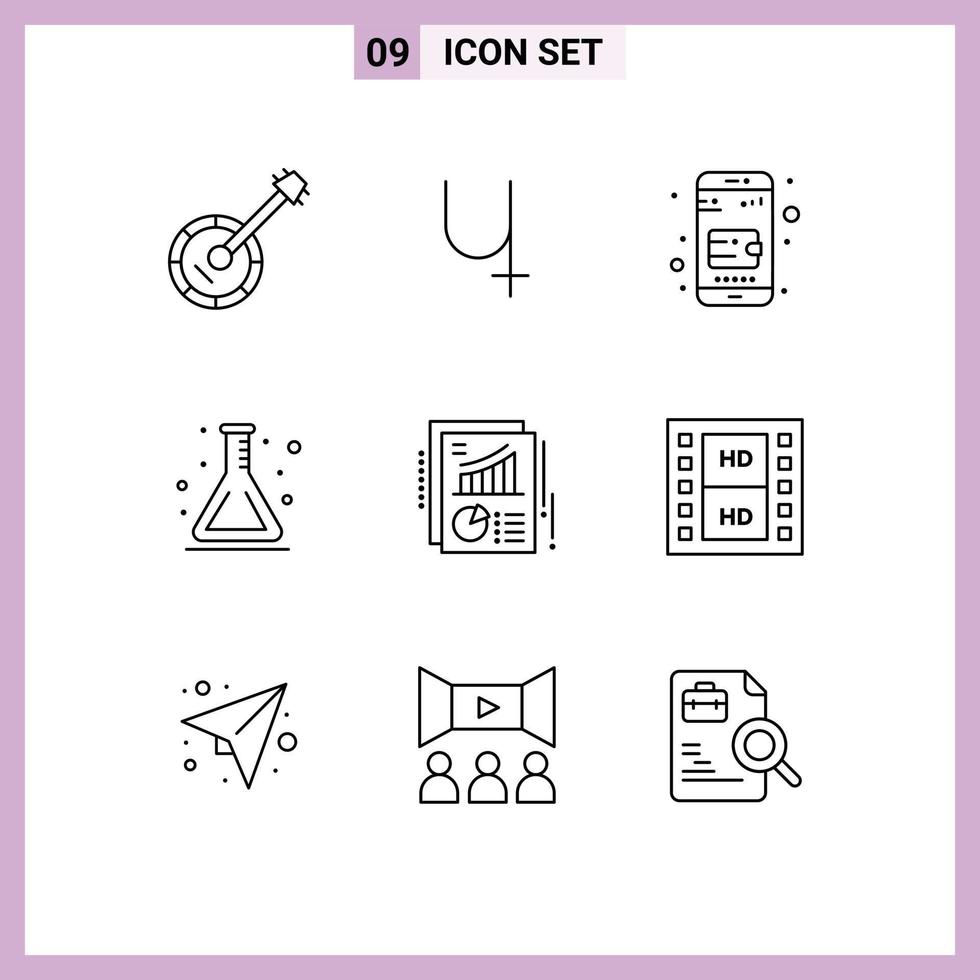 Modern Set of 9 Outlines Pictograph of document back to school crypto currency flask school Editable Vector Design Elements