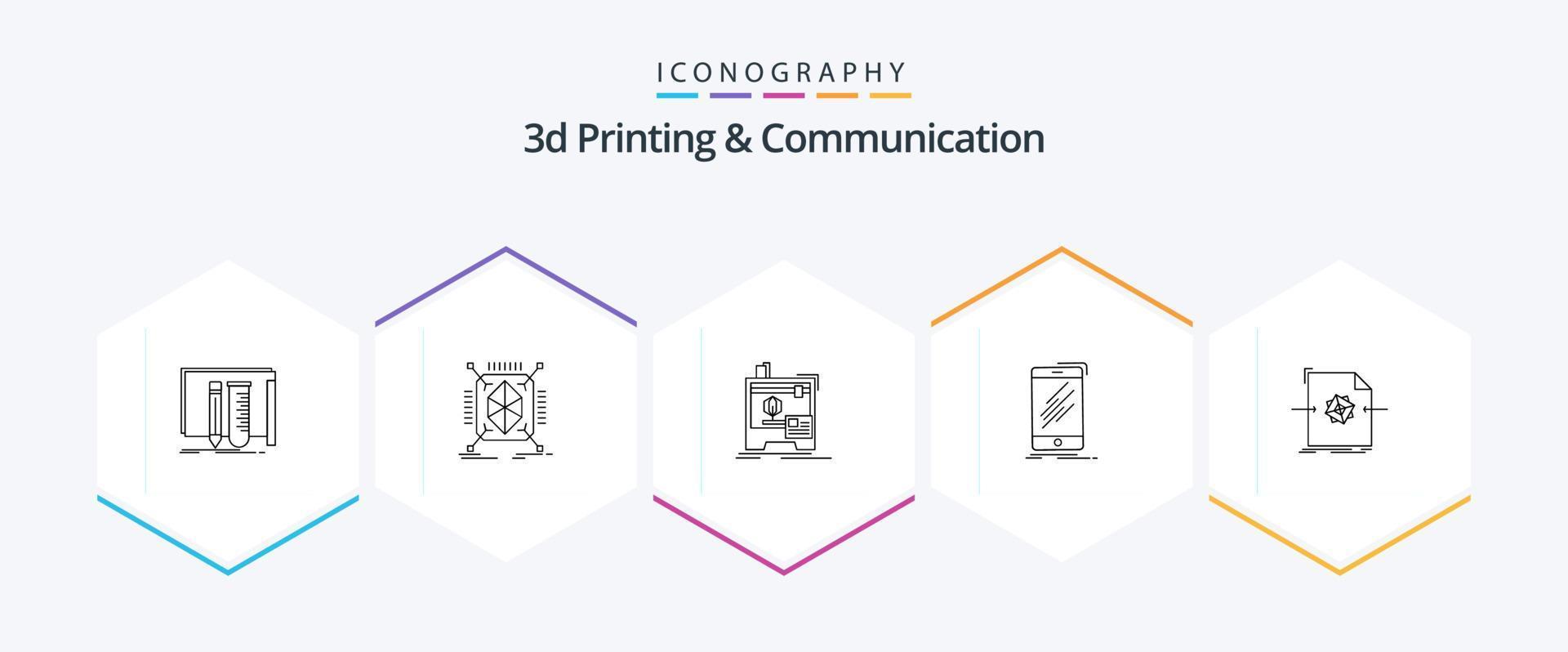 Paquete de iconos de 25 líneas de impresión y comunicación 3D que incluye teléfono inteligente. móvil. estructurado. dispositivo. impresora vector