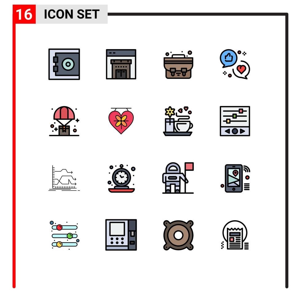 Modern Set of 16 Flat Color Filled Lines Pictograph of parachute delivery student bag balloon love Editable Creative Vector Design Elements