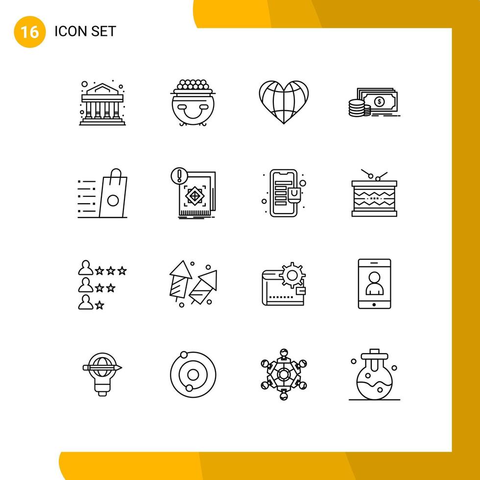 Set of 16 Commercial Outlines pack for bag payment heart investment globe Editable Vector Design Elements