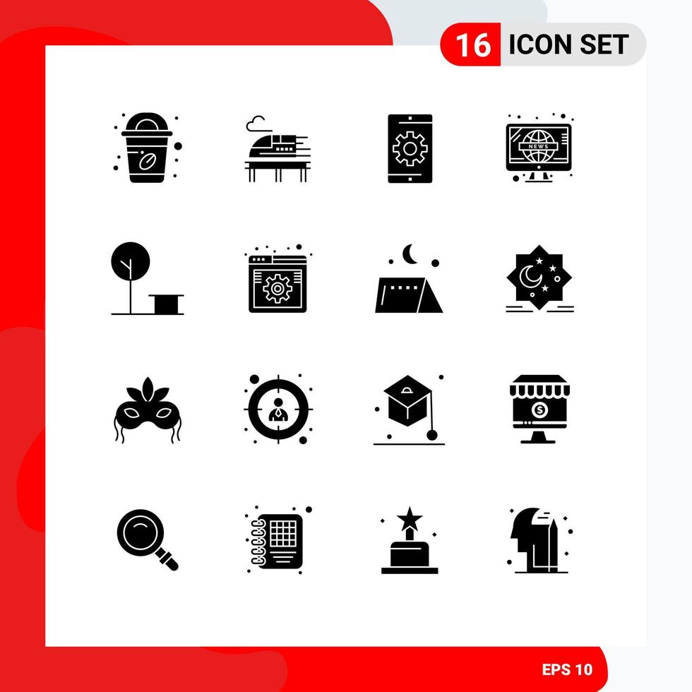 Modern Set of 16 Solid Glyphs Pictograph of park city optimization tv retro Editable Vector Design Elements