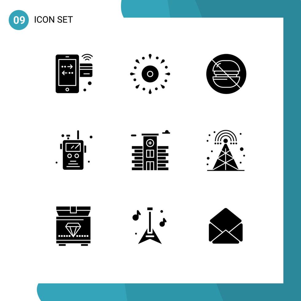 User Interface Pack of 9 Basic Solid Glyphs of fire radio transceiver holiday police radio label Editable Vector Design Elements